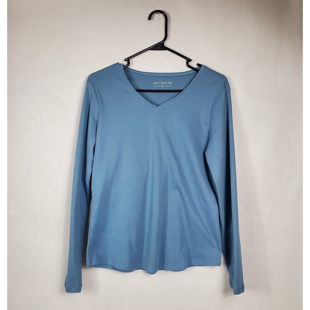 Ann Taylor Womens Long Sleeve V-Neck Cotton Top Blue Size L Ribbed Knit Tee
